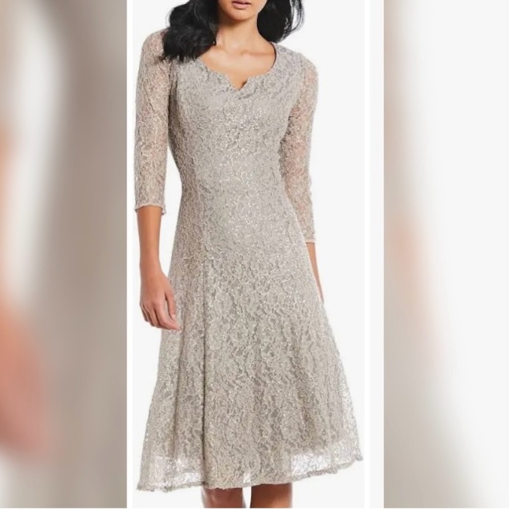 SLNY Sequin Lace V-neck A-line Dress 3/4 Sleeve Beige Color
